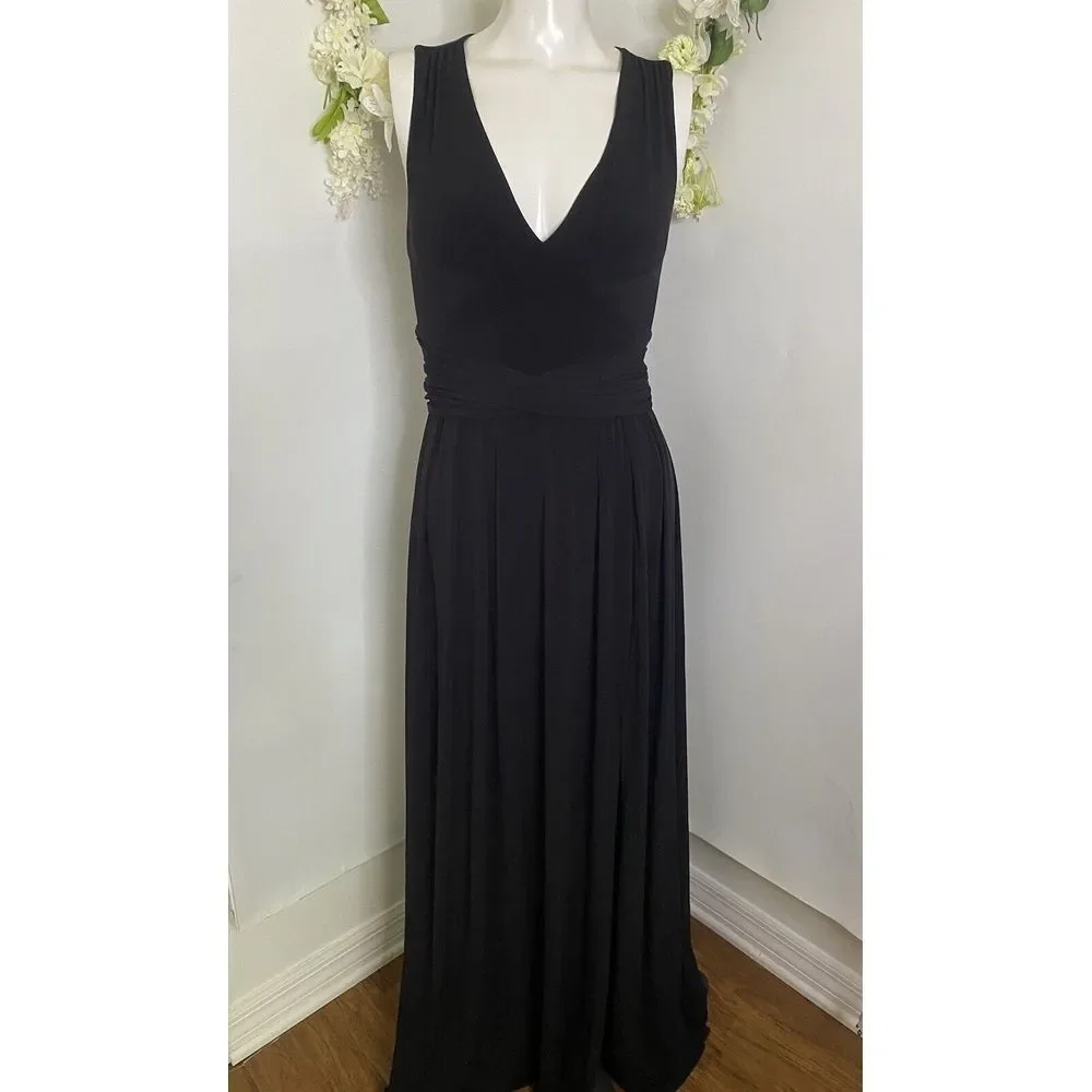 BCBGeneration V Neck Belted Black Maxi‎ Dress XS Front Slit Open Back 58